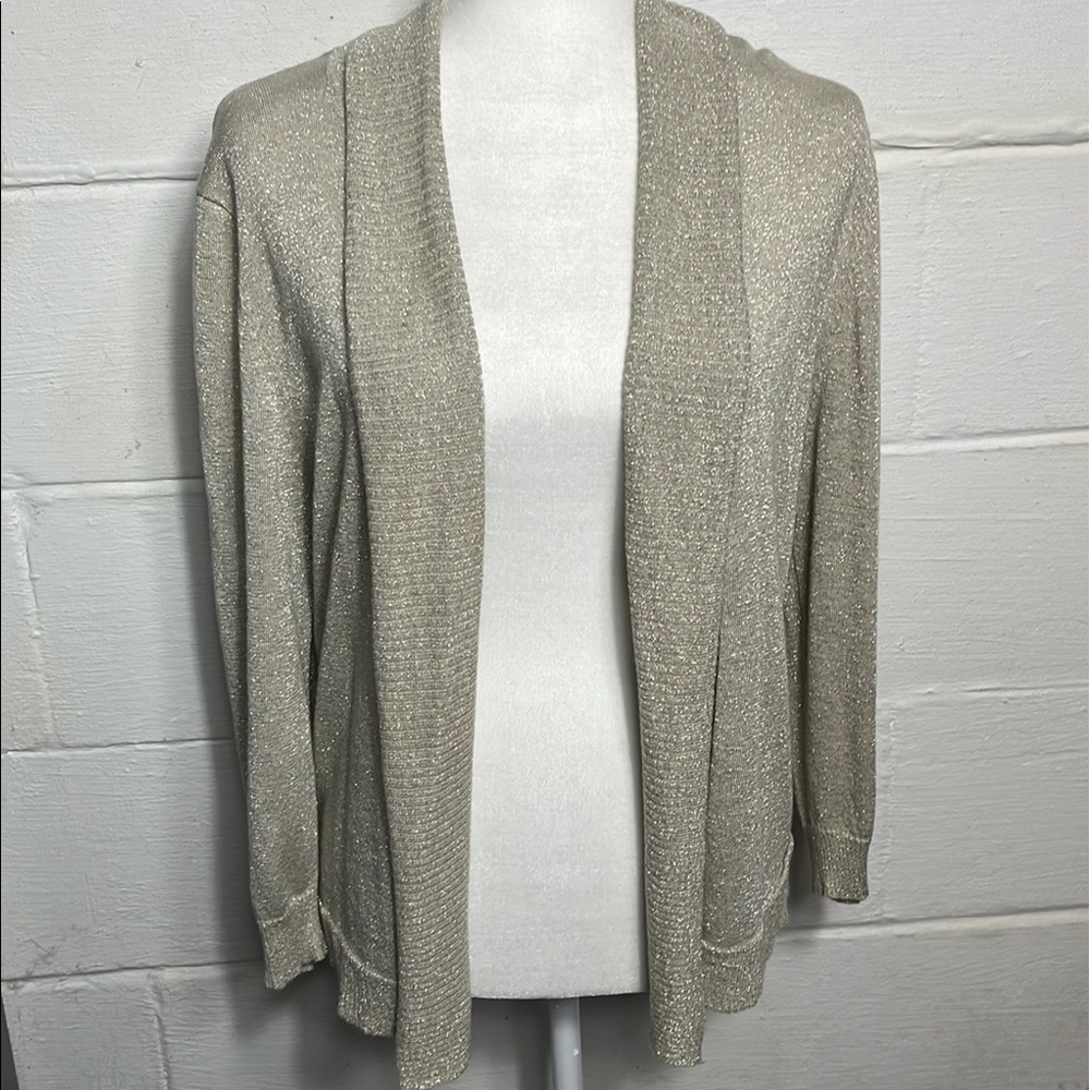 Verve Ami Shawl Collar Gold Shimmer Long Sleeve Open Front Cardigan